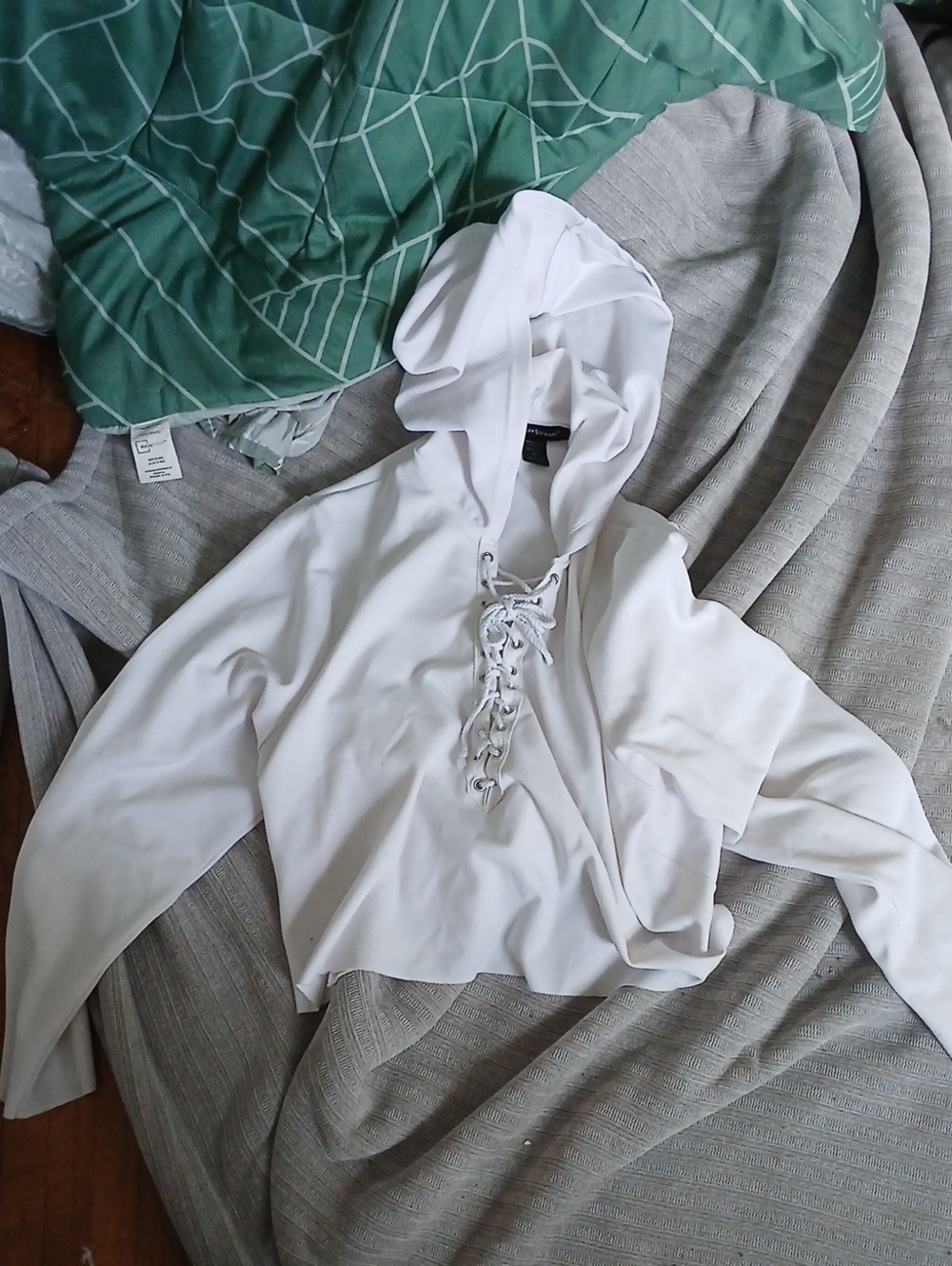 Ashley Stewart White Lace-Up Cropped Hoodie